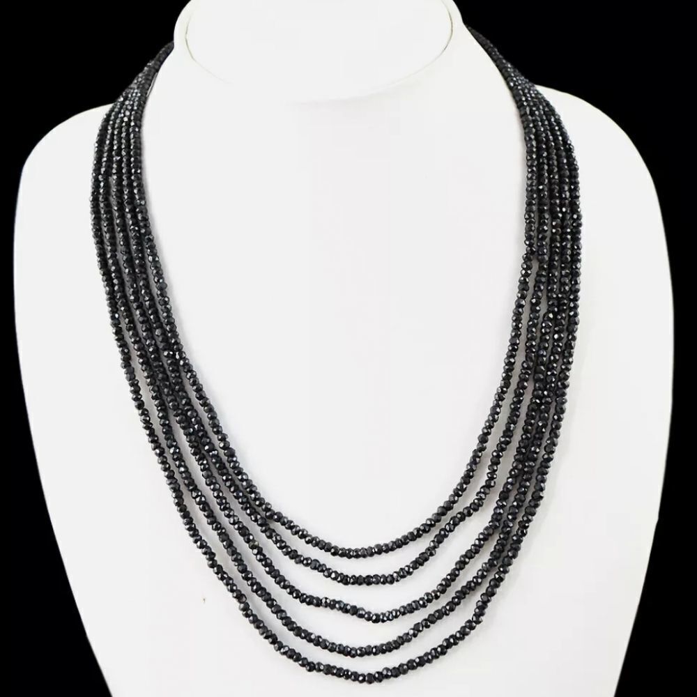 215.00 CT Natural 5 Line Rich Black Spinel Round Cut Beads Necklace